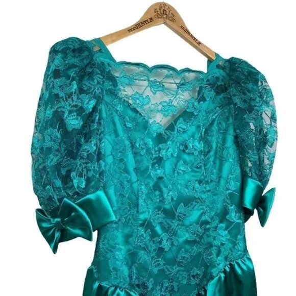 VINTAGE 80'S ILGWU UNION MADE WORKERS UNION TEAL/TURQUOISE FORMAL BOW DRESS 9 - Picture 5 of 16